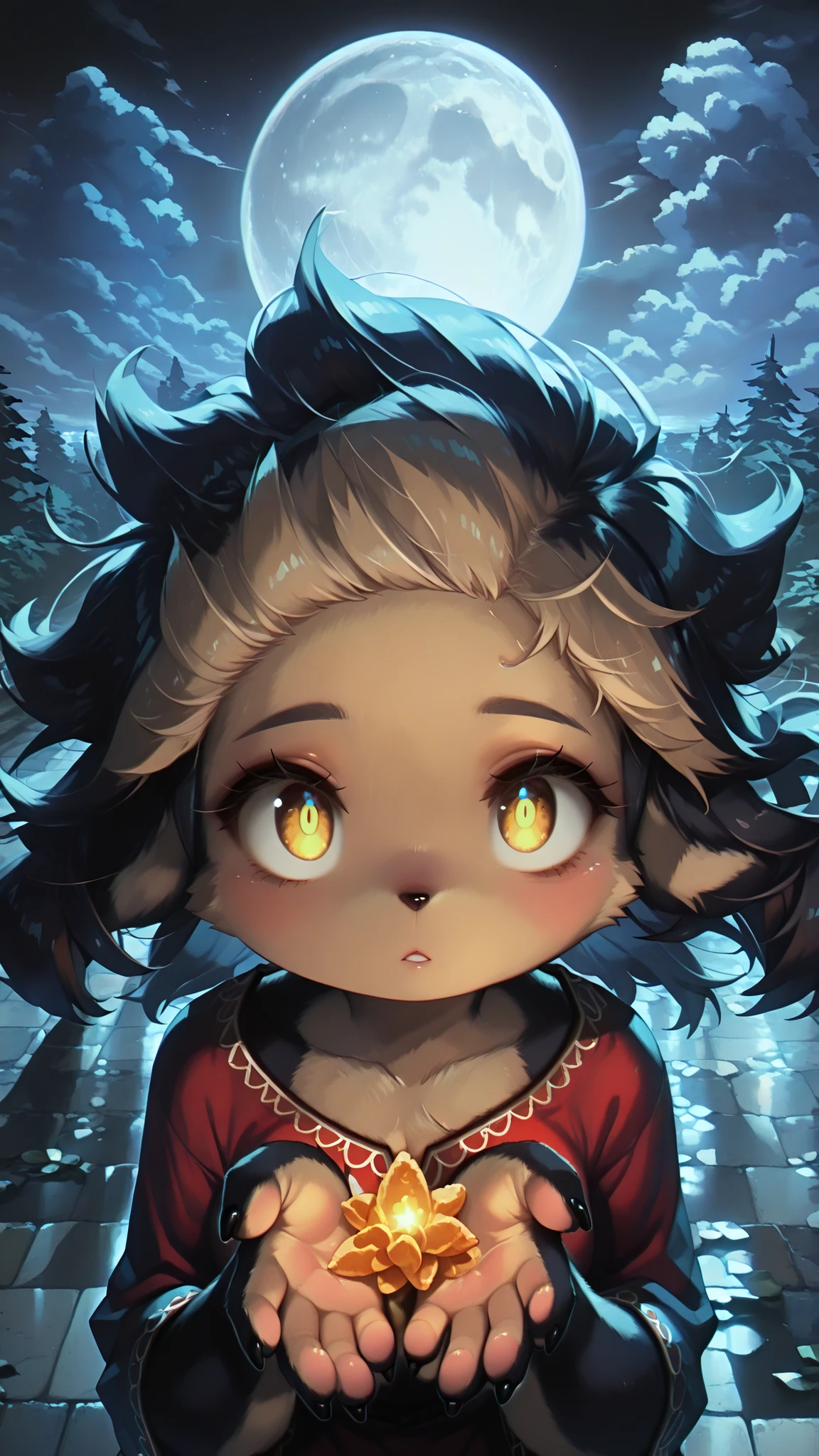 masterpiece, best quality, amazing quality, Anime Screencap. BREAK. 1girl, (furry:1.5), solo, Messy hair, yellow_eyes, colored_extremities, black_nails, collarbone, eyelashes, fingernails, expressionless, parted_lips, looking_at_viewer, open_hands, floating_hair, upper_body, full_moon, moon, night, outdoors, dark_background, (mystical:1.2), (ethereal:1.2), glowing_eyes, detailed_background, from above,front view, (soft_lighting:1.3), moonlight, subtle_shadows, (Dark lighting), (high contrast:1.4).