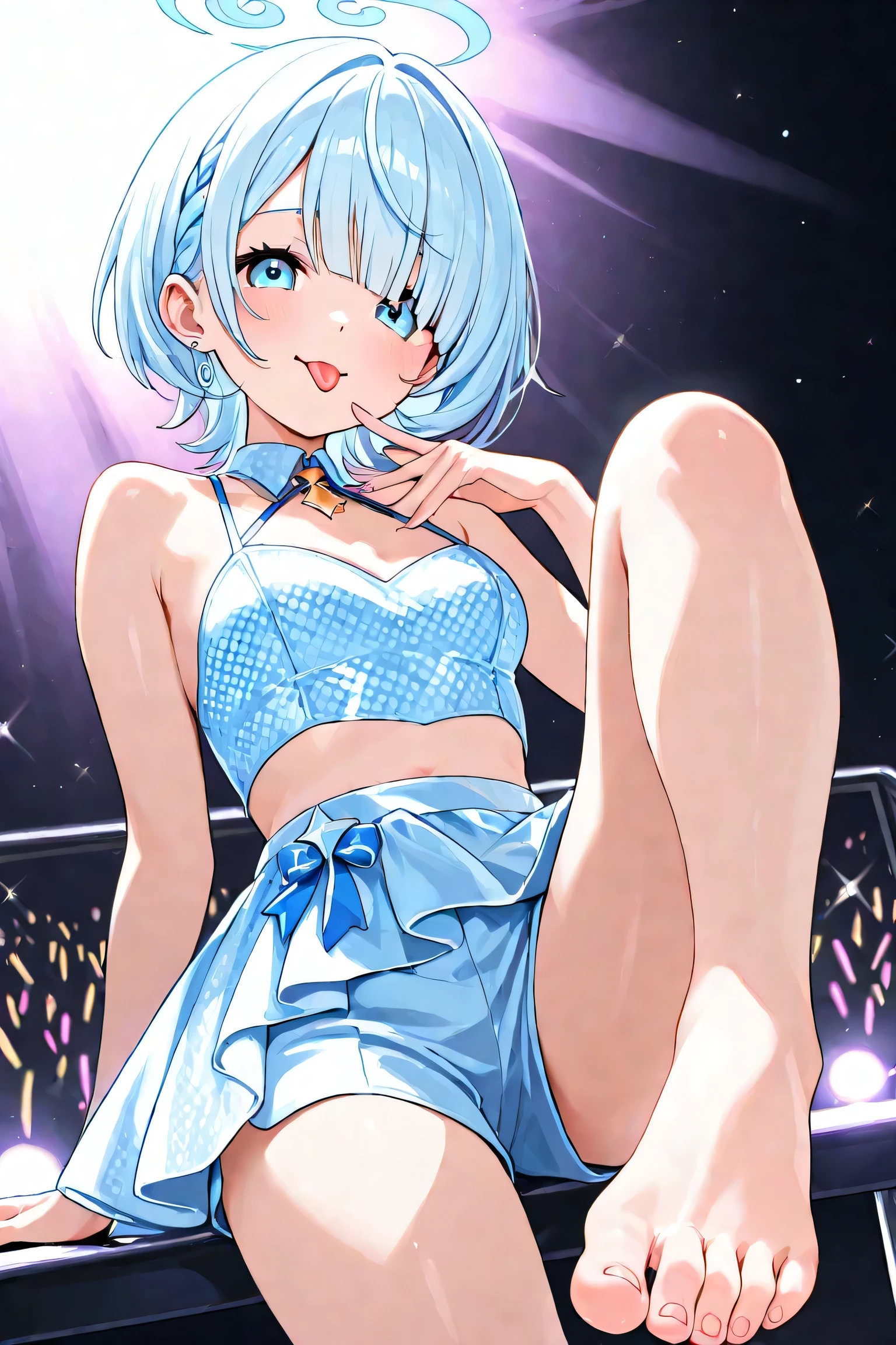 enlightenment、cinematic light、High resolution、best quality、超detailed、detailedな顔、(detailedな目)、highest quality、超detailed、masterpiece、(detailed顔)、beautiful face、best smile、sexy mature woman transparent(Cute T-shirt)cloth floating cloth、See-through、choker、、D cup、cleavage:2、NSFW、high heels、Random eye color、random hair color、neon small shiny hair tips、ruffle mini skirt、AI fantasy concert、Glowing lighting with neon details、Hold the microphone with your left hand and sing:15、black magic💕、(live stage:1.15)With background、 stick out your butt and sing、light reflection、heart shaped iris、playful eyes、open shoulders、rain、(wet body)、small glowing butterfly、hair jewelry、Panty shot:1.2、(Cute embroidered white string panties、detailed)