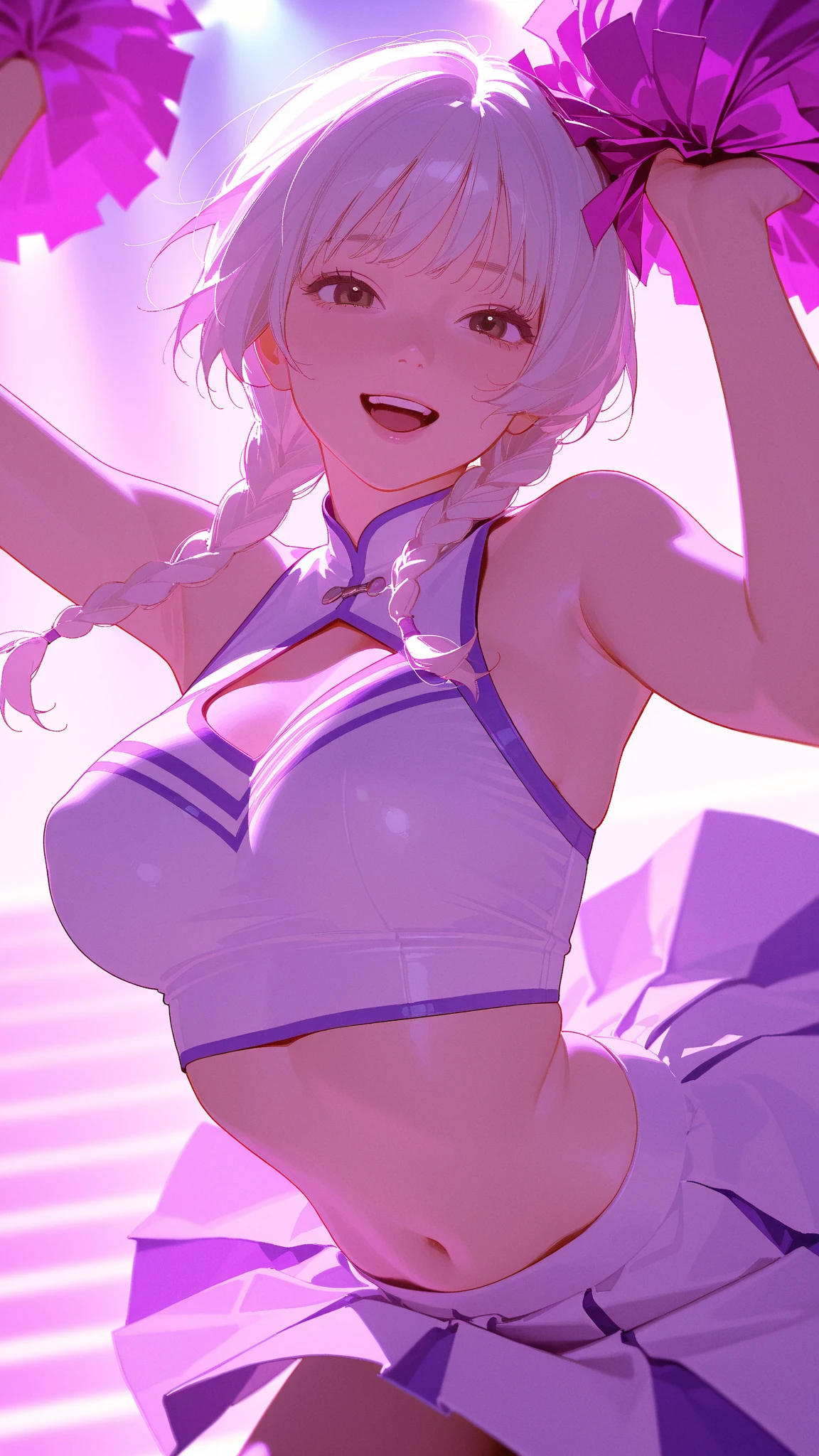 (masterpiece:1.2, best quality:1.2, beautiful, high quality, highres:1.1, aesthetic), detailed, extremely detailed, ambient soft lighting, 4K, perfect eyes, perfect face, perfect lighting, 1girl, solo, huge breasts, huge ass, huge thighs, narrow waist, wide hips, thick thighs, curvy, standing, looking at viewer, facing viewer, Emilia, Emilia from re zero,  long hair, silver hair, blunt bangs, braid, hair ornament, hair flower, hair ribbon, purple ribbon  blue pupils, purple eyes, ringed eyes, elf, cleavage, center opening, hands up,hands in the air, jumping, pompoms, cheerleader, cheerleader outfit, mini skirt, skirt flip, pantys, exposed midriff, underboob, bouncing breasts,, blushing,sweating, (breathing hard), (panting), anime, smile, outdoors, (masterpiece:1.2), highres, best quality, 8k, very clear,

