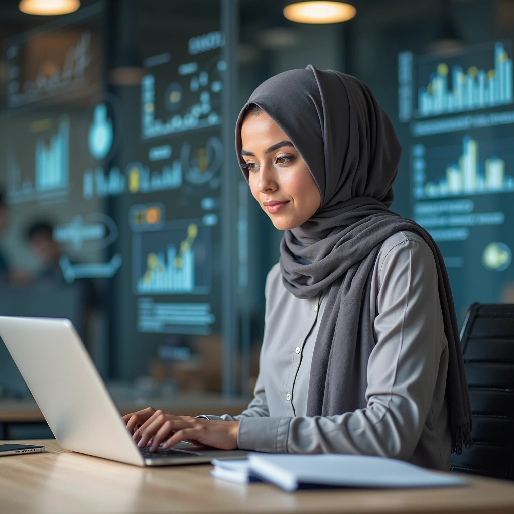A 22 years old cute girl sitting on a chair with laptop..busy to writing a code. With a side position.She wearing a full hijab. And a back screen is coading screen on the top name show "pirah" . The dressing is white
coate with pink scarf. Skin tone white wearing a watch in her hand. Small eyes. Small lips. Her eyes are looking down