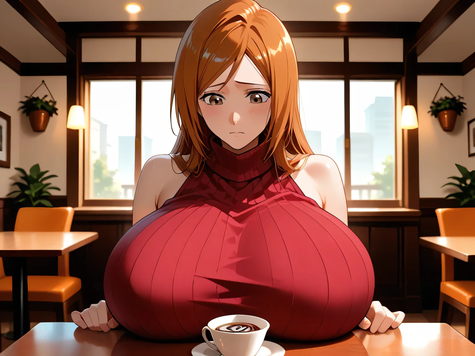 1 female, inoue orihime, turtle neck, huge breast, in cafe, a cup of coffee on table, sad expression, looking down, pov, detailed