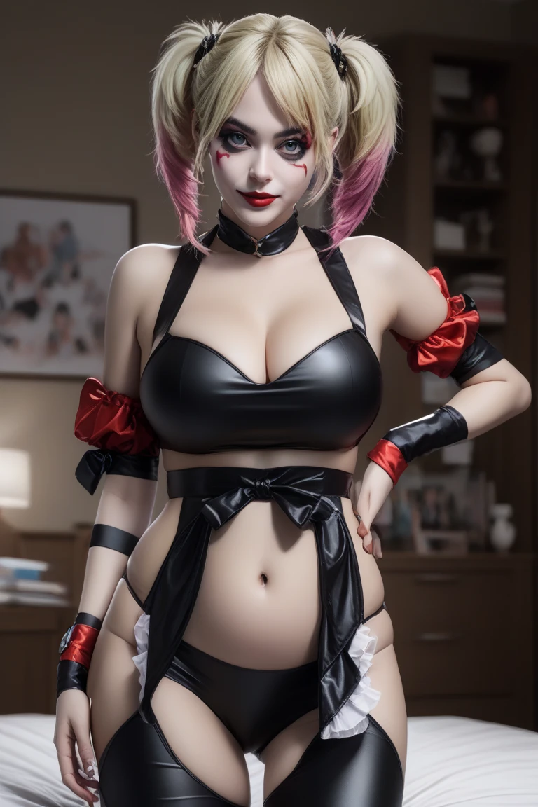 The image shows a Goth Woman with harlequin hat, clown face paint, wearing cropped clown shirt, puffy sleeves, puffy crewneck, stomach navel exposed, large breasts, small waist, wide hips, thick legs, red panties, collarbone, clown 🤡, sexy body, it, night circus background, shiny skin, highest detailed, detailed clothes, pastel colors, detailed body, detailed face, posing in a sexy way, back view