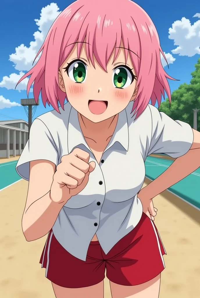 a happy anime girl screaming "KYAAAA" with a speech bubble, detailed background, (blushing:1.1), overjoyed