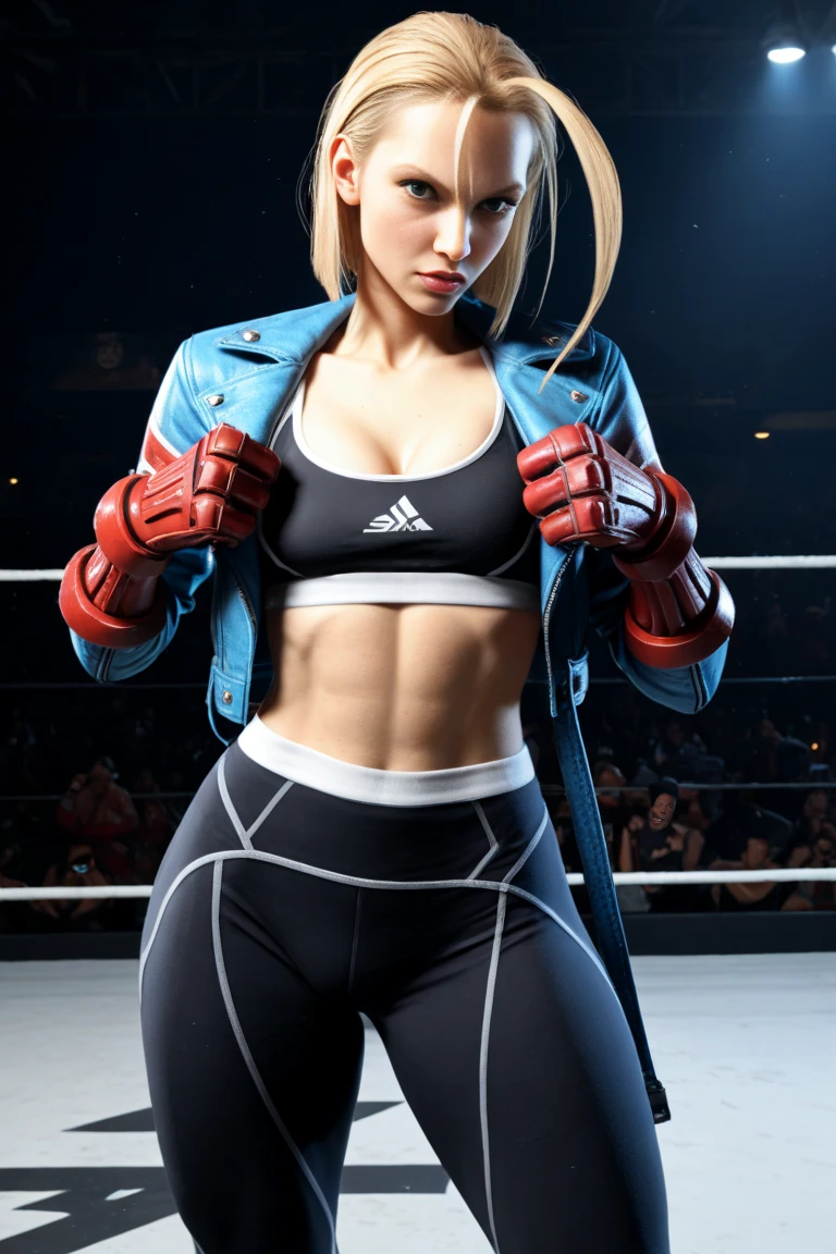 ((Best Quality)), ((Masterpiece)), (Detailed: 1.4), 16k, (((1girl))), very big chest, slim waist, short blonde hair, ((yellow eyes)), eyes detailed, ((eyes emitting intense glow)), muscular, extremely defined body, sweaty, ((taekwondo outfit)), sexy micro shorts, serious look, mat, in a martial arts fighting competition, extremely detailed image, detail in the audience.