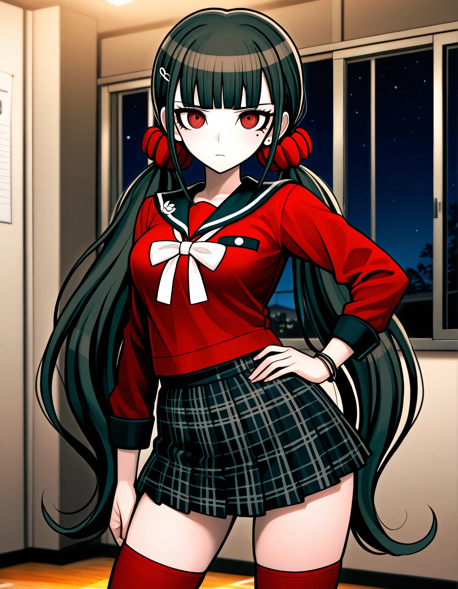 Maki Harukawa DRV3, masterpiece, long hair, bangs, black hair, hair ornament, red eyes, twintails, very long hair, hairclip, blunt bangs, mole under eye, low twintails, scrunchie, Hair scrunchie, Red Scrunchie,  skirt, shirt, thighhighs, long sleeves, bow, school uniform, pleated  skirt, serafuku, black  skirt, sailor collar, mole, bracelet, zettai ryouiki, plaid, plaid  skirt, red shirt, black sailor collar, red thighhighs, , high quality, Alone, cowboy shot, ((contrapposto)), arm behind head, hand on hip, closed mouth, night, gym, looking at viewer, shy, expressionless, blushing, best quality