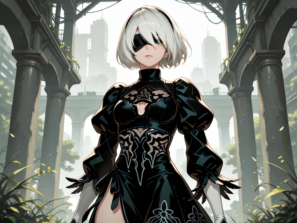(((slim thighs))), (((slim your waist))), (((slim 2B's hips))), (((slim the lower body))), (((2B)), nier_automata, white hair, short hair, black_dress, black_hairband, robot_joints, android, cyborg, clothing_cutout, happy, excited, serious, despair, city, outdoors, (official art), fantasy, masterpiece, best quality, (highres), absurdres, 4K, 8K, 16K, beautiful face, beautiful body, symmetrical face, gorgeous, deep eyes, realistic shaded, stunning, intricate, hyper-detailed, highly detailed, sharp, smooth, sharp focus, realistic, anime, manga, 8k, anime, masterpiece, best quality, ultra detailed, beautiful face, beautiful skin, photorealistic, (professional lighting:1.2), light smile, pearl necklace, (erect nipples:1.3), (cameltoe:1.3), looking at viewer, cowboy shot, focus on face, ultra sharp, on street in business district, ultra detailed photo background, (((with the crowd)))
