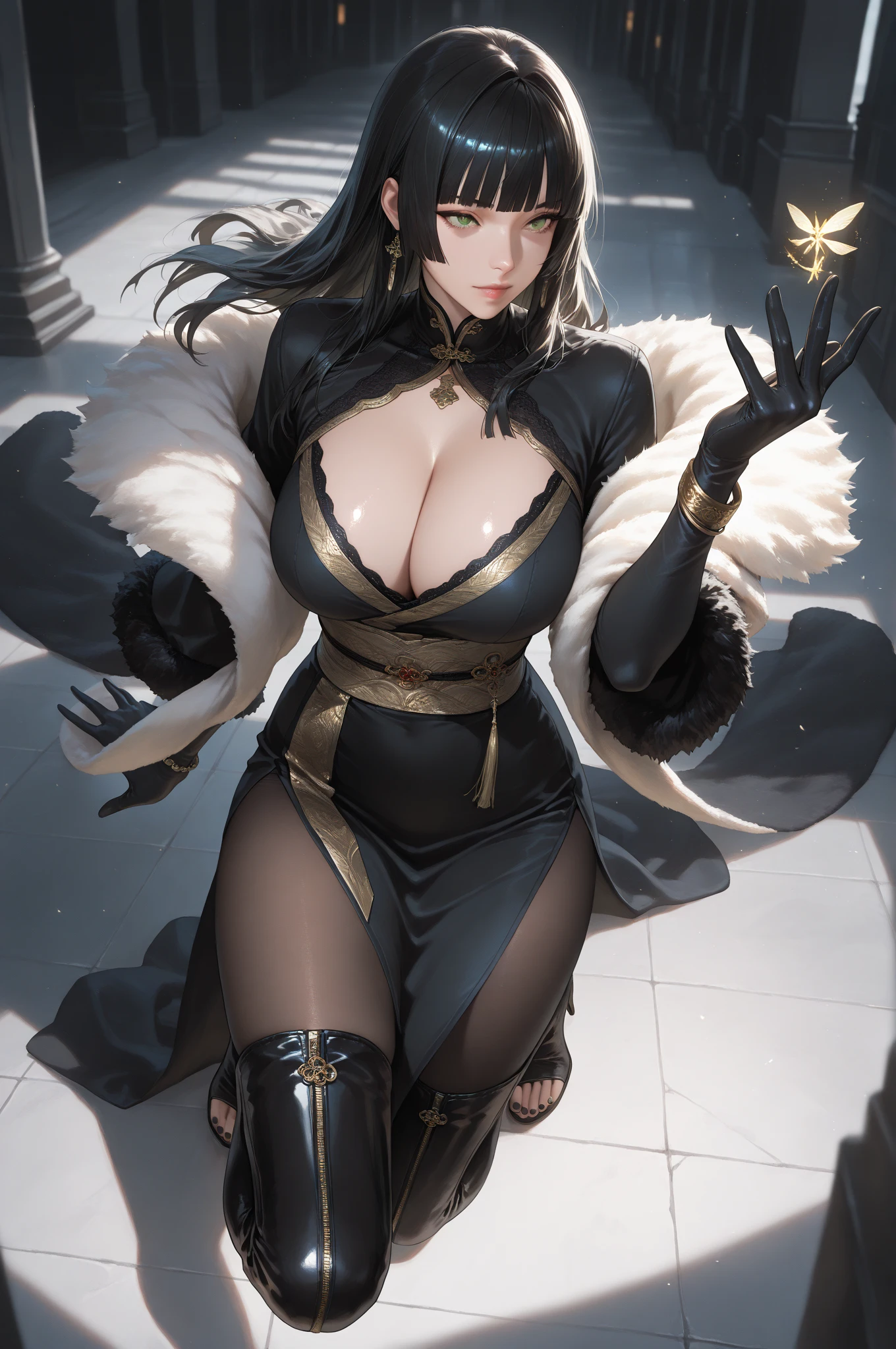 senjumaru shutara, (long hair, bangs, blunt bangs, black hair, sidelocks:1.5), (black eyes:1.5), makeup, lipstick, red lipstick, (best quality,4k,8k,highres,masterpiece:1.2),ultra-detailed,(realistic,photorealistic,photo-realistic:1.37),dangerousbeast,elbow gloves,gloves,wolf tail,forest,full body,leaning forward,sweating,navel,narrow waist,thigh,huge breast,nightsky,illustration,sharp focus,intense gaze,menacing expression,mysterious atmosphere,moonlit scene,dappled moonlight,ominous,amber eyes,ferocious teeth,strong muscles,ominous shadows,soft fur,dimly lit foliage,breathtaking artistry,sensual form,ethereal lighting,fierce presence,mythical creature,supernatural beauty,majestic posture,spellbinding nature,stunning realism, ethereal atmosphere, flowing robes, dramatic lighting, intense expression, mystical symbol, intense gaze, elegant pose, magical aura, enchanting beauty, mystical setting, enchanting artwork, intricate details.
