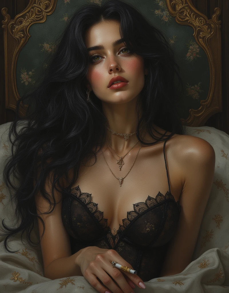 (masterpiece, best quality), lineart, colorful, watercolor, 1girl, 19yo girl, ((floral panties)), open shirt, lying on bed, eyes closed, morning, bedroom, lineart, colorful, vivid colors, intricate details, full body,((roses, dew)), gold and black spirit, digital art, Jean-Baptiste Monge style, bright, beautiful, splashy, sparkling, filigree, rim lighting, light, extremely, magical, surreal, fantasy, digital art, artstation trends, sharp focus, studio photography, intricate detail, high detail, Greg Rutkowski, sci-fi, complex artistic masterpiece, sinister, matte painting, film poster, golden ratio, cgsociety trending, beautiful caucasian girl full body, slight mischievous smile, long black hair, cascading curly hair, illuminated face, intricate, epic, popular on artstation, by artgerm, h. R. Giger and Beksinski, very detailed, vivid, production cinematic rendering