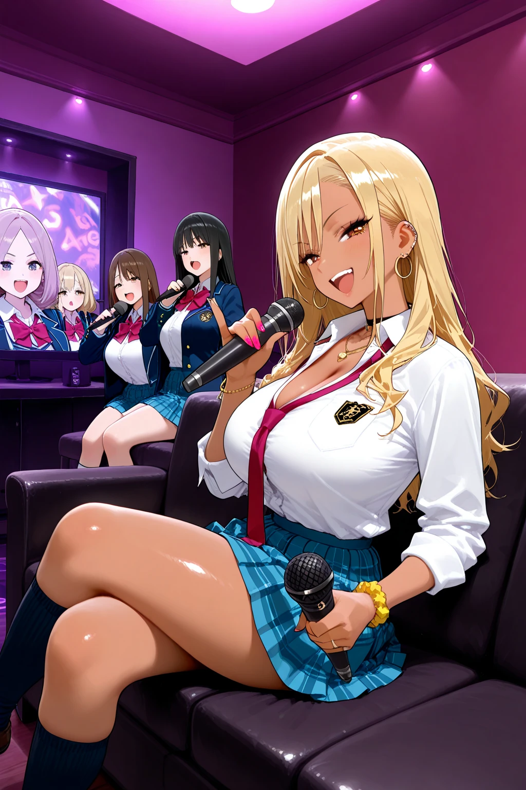 masterpiece, best quality, highres, JK,huge tit,breasts,cleavage,crossed legs,hair over one eye,large breasts,long hair,microphone,multiple girls,sitting,skirt,2girls,1boy,a male kid,sit together
