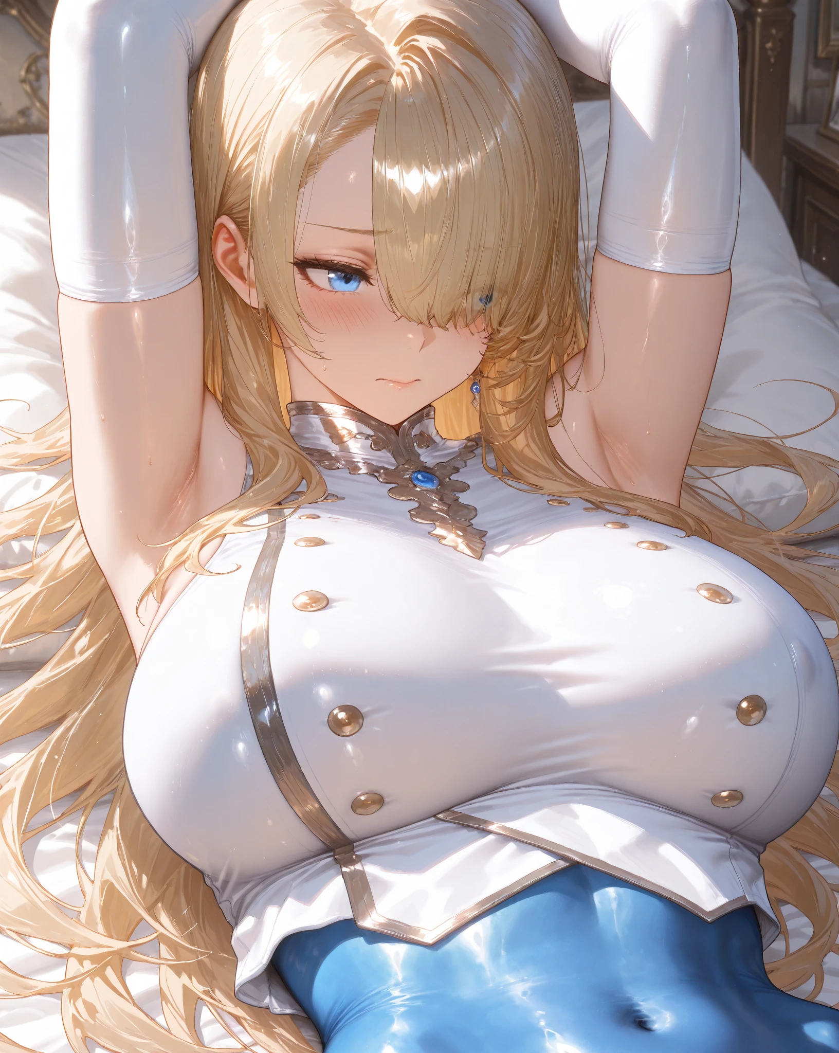 sensual、((blonde wavy hair))、thick thighs、8K、4k、highest quality、(High resolution:1.6)、cute anime face、noise reduction、((shining blue eyes、Super detailed、high detail eyes、Sweat、blush、open your mouth))、(NSFW:1.5)、(vaginal sex:1.7)、(A man and a woman are having sex facing each other:1.2)、(((SFW huge body:1.3)))、(one man:1.3)、(Missionary position with legs extended:1.5)、(Lower Lady:1.3)、(Manzuong:1.5)、(logic:1.3)、(whole body muscles:1.5)、(bird'point of view:1.8、See the big picture:1.8)、nude style、hire.repair:1.5