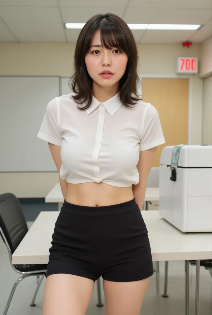 Photo of Toshiko Keiko, Best image quality, RAW photos, ultra-high resolution, short brown hair, big round breasts, short brown hair, fair skin, shiny white skin, beautiful eyes of random colors, eyes beautiful in detail, elongated eyes, beautiful double eyelids, eyeshadow, Very thin legs, big breasts, posing at a university classroom, sitting at a bench, wearing japanese school uniform