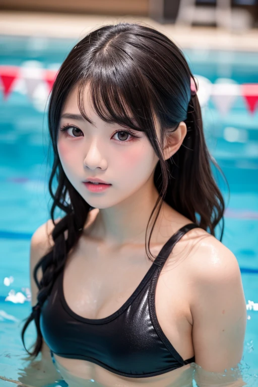 Adolescente、Un mignon petit adolescent de 16 ans、Filles japonaises de 16 ans、Maillot de bain de compétition noir et rouge、Maillot de bain compétitif、「Il représente la belle beauté de nager dans une eau cristalline。eau cristalline、Soleil scintillant、 penser。Moins sensible à la gravité dans l’eau、S’agenouille sur le bord de la piscine。La silhouette de la beauté peut flotter sur l’eau。、Piscine municipale、Dansez comme un rideau d’eau transparente。Son expression était calme et、C’est comme si vous profitiez d’une présence libre sous l’eau......