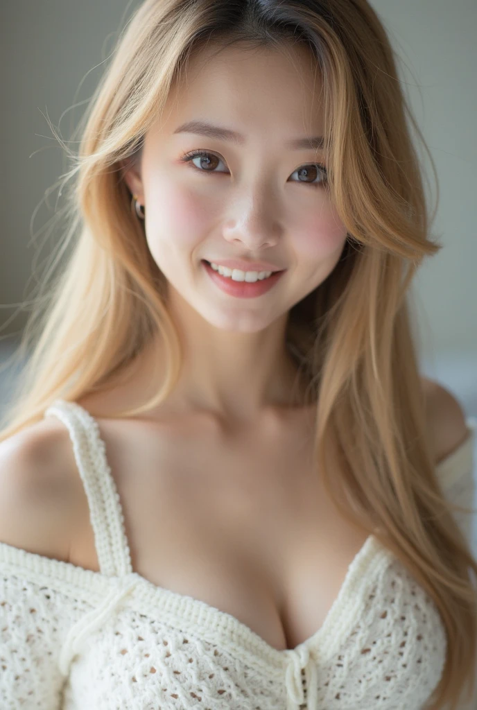 ((Highest quality, Tabletop, Ultra-high resolution、The most complex and detailed depiction))、(Bright lighting:1.1)、(Beautiful woman:1.1)、Slim figure:1.5,(Very light wavy hair:1.5), (Upper body naked:1.8),(Lower body naked:1.8),Dynamic Dance、Perfect Makeup、Natural Lip、Highly saturated eyeshadow、Upper body angle:1.5,Gray background:1.5、The best smile:1.5,Blonde gal、Beautiful Skin、Exact vagina,pubic hair,beautiful white teeth,Beautiful and small areola:1.5,Beautiful nipples:1.9,