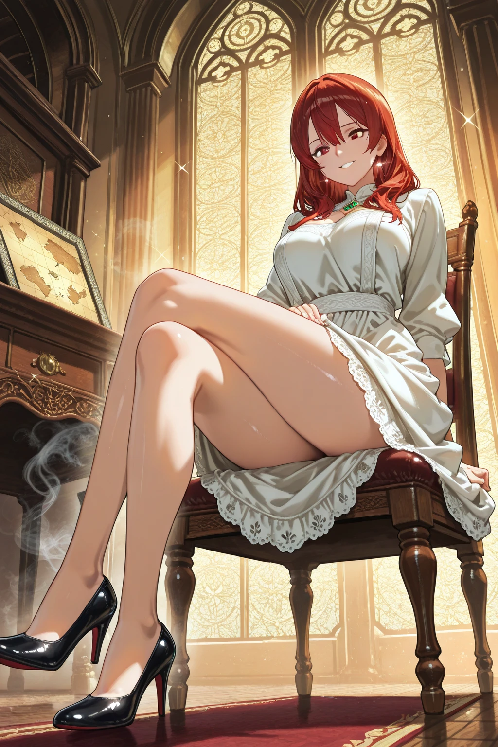 perfect eyes:1.2, detailed eyes:1.4, hall, smile, chandelier, medium hair, sitting, sitting on armchair, Kurayoshi_R, cleavage, large breasts, ass, white dress, pelvic curtain, long dress, medium full shot, thigh-level shot, 1girl,(masterpiece:1.6, best quality),