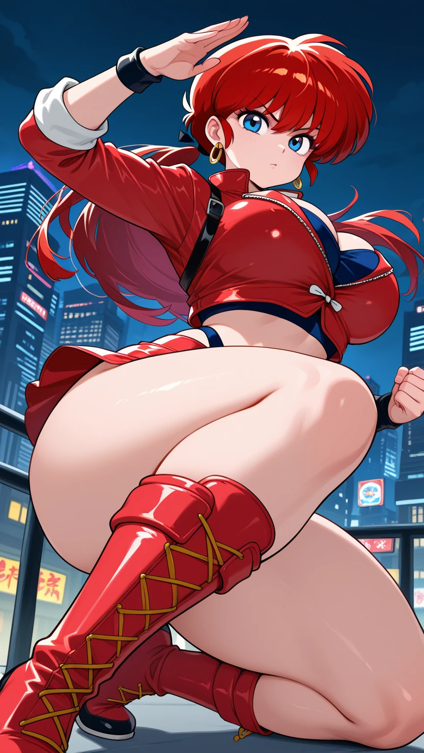 super girl girl red head 1 chica, Solo, Tsurime, laugh, boca grande, dynamic pose, (((big tits)))
