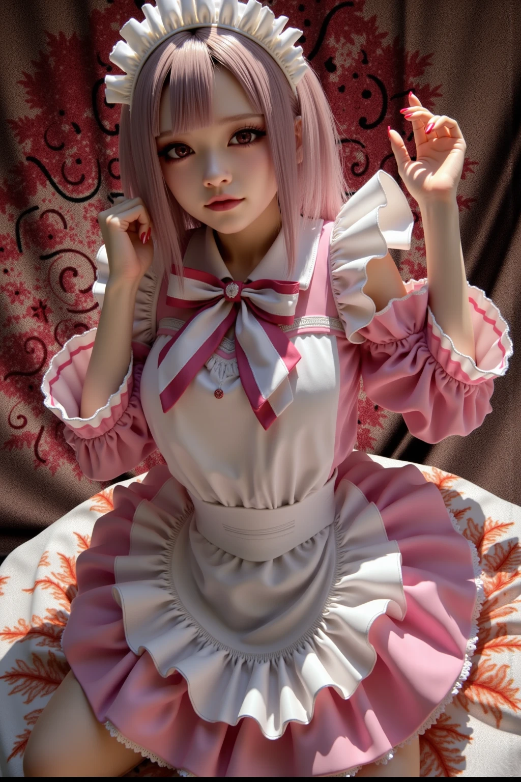 (masterpiece, best quality), 1girl, <lora:spotoriEmu-08:1> emudef, hair bow, hair ribbon, bare shoulders, puffy short sleeves, detached collar, white gloves, pink dress, frills
