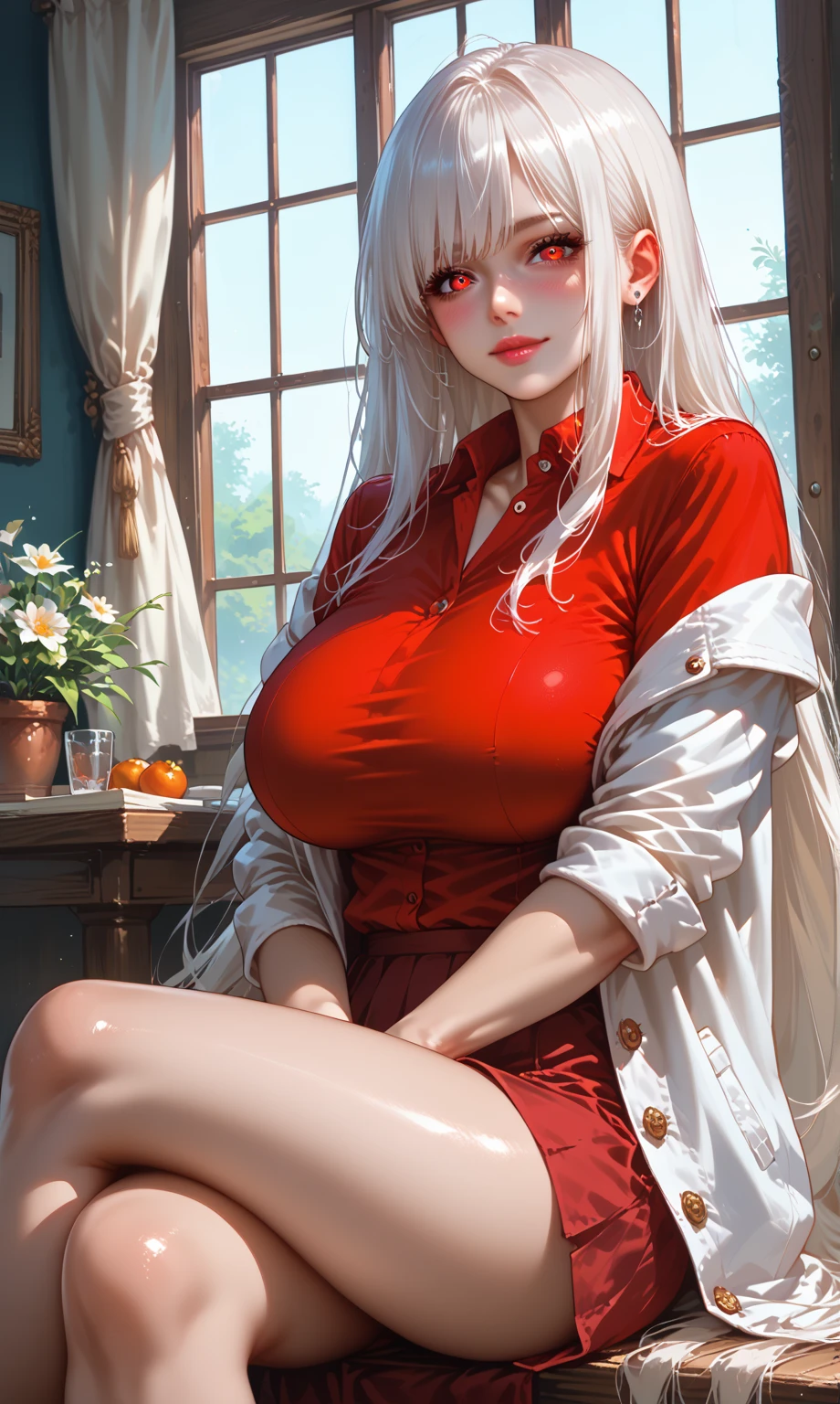 a woman that has really long long hair lying on some bench in an overgrown area, 1girl, breasts, red eyes, cleavage, long hair, pantyhose, large breasts, sitting, looking at viewer, solo, long sleeves, blush, hairband, thighband pantyhose, white hair, bangs, dress