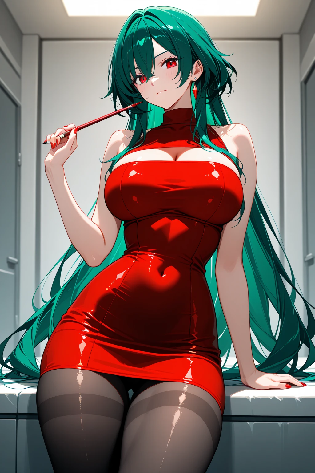 (\1girl)/,(\anime)/,(\young)/,(\hot)/,(\slim body)/,(\slender body)/,(\height 1.78)/,(Long green hair),(white skin color),(beautiful face),(structured body),(big ass:1.5),(huge breasts:1.5),(18 year old woman),(mature body),(Feeling her own breasts), (facing the viewer),(Very sensual forward facing),(wearing),+,(A red Christmas dress that goes up to the super sexual ass that shows the shoulders and the breasts and the dress is tight and glued to the ass to the body and very sexy)