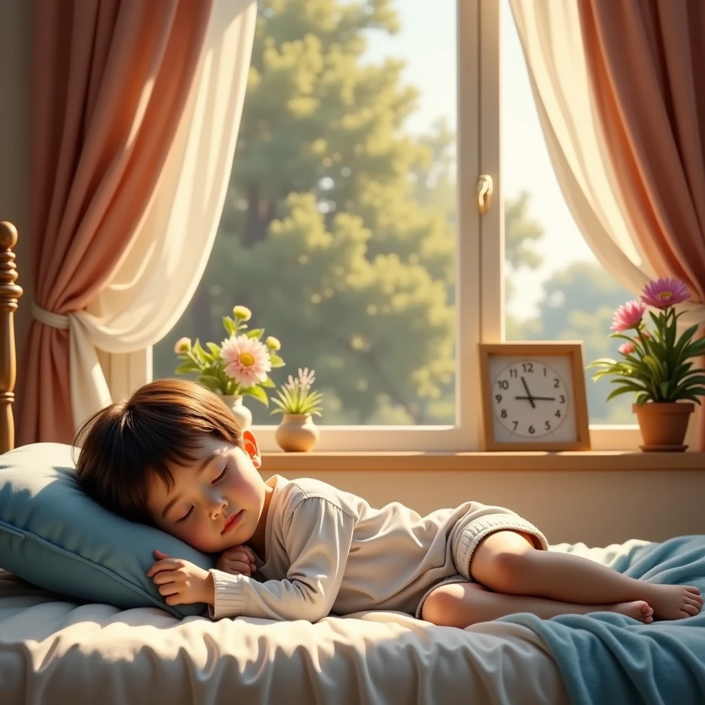 (photorealism:1.2), beautiful boy, sitting on bed, soft lighting, plants in background, window with sunlight, cozy room, relaxed pose, realistic, intricate details, warm colors, by Greg Rutkowski, by Alphonse Mucha