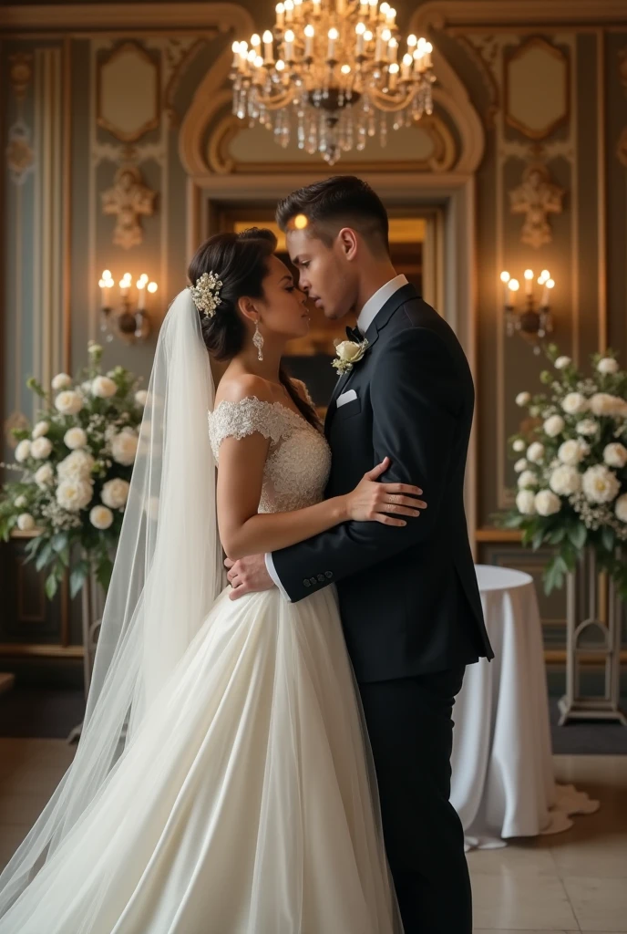 On the upscale luxury hotel wedding stage,A dozen friends and spectators next to the audience stood up and applauded,Couple in uniform,marriage,tongue kissing,Kiss,Hug together