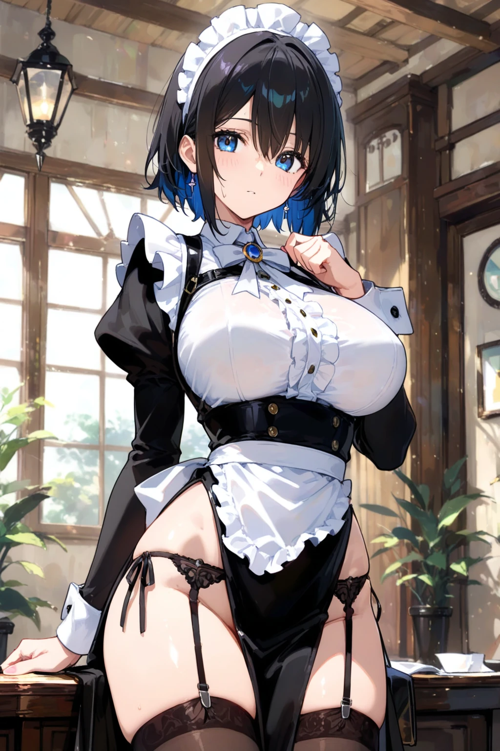Main piece、high quality、High resolution、1 girl,single, Ruka Sarashina、jewelry、skirt、Maid uniform with bare chest、Japan maid café、black hairの女性、short hair、black hair、black pantyhose, blue eyes, long sleeve, Blue Hair Band, bangs, big breasts, cleavage, Medium waist, medium hips, wide thighs, Cowboy photos, smile, Charm, embarrassing, blush、large crowd of people, looking at the viewer,from below、high angle,とてもbig breasts、cleavage、No bra、No panties、No panties、非常に短いskirt、nipple、nippleを出す、Rubbing your own chest with both hands、Pose that emphasizes the chest、breast enhancement、1 girlと男の子1名, hetero, kiss, close your eyes, saliva, hug, blush, saliva trai、I feel it