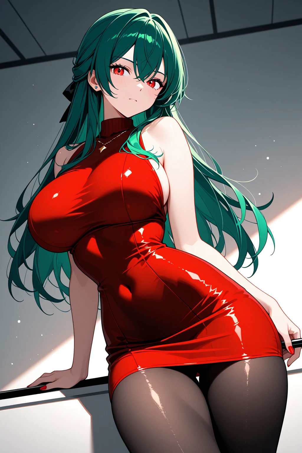 Hyper-realistic super detailed sexy Mitsuri Kanroji, NSFW, Very detailed, sexy facial expressions, Detail of seductive facial expression.: 1.4): 0.4], 16K resolution, 4k-resolution, dynamic  lighting, high-definition resolution, (pose sexy, Attractive position), (hyperrealistic: 1.4), (Backlight: 1.2), (Sun light: 1), (full height: 1.8),(contrasting background: 1.5), (Hyperrealistic arm anatomy), (hyperrealistic leg anatomy), (clean skin), (cinematic lighting: 1.7), (intimate), (NVIDIA RTX Ray Tracing Technology), (Perfect flat stomach), (color image),Create a 4K resolution, ultrarealistic, and extremely detailed artwork depicting a Mitsuri Kanroji CEO in a provocatively styled corporate office environment. Mitsuri Kanroji, the central character of the work of art., Known for her commanding presence and bold appearance. She stands in front of a large glass window of a modern office that offers a view of the cityscape..

 ((Mitsuri Kanroji (Murderer of demons))), a girl with long pinkish green gradient hair and green eyes, green hair, ombre hair, multicolored hair, Long hair. Sha has an imposing presence. It has a provocative but professional silhouette, with a fitted business suit that subtly highlights your figure. Her bold makeup, with striking red lips and a look that demands attention.

She dressed provocatively,  A bold fashion statement. bright colored leotard, a touch of glamor to your overall appearance. shy and weak smile