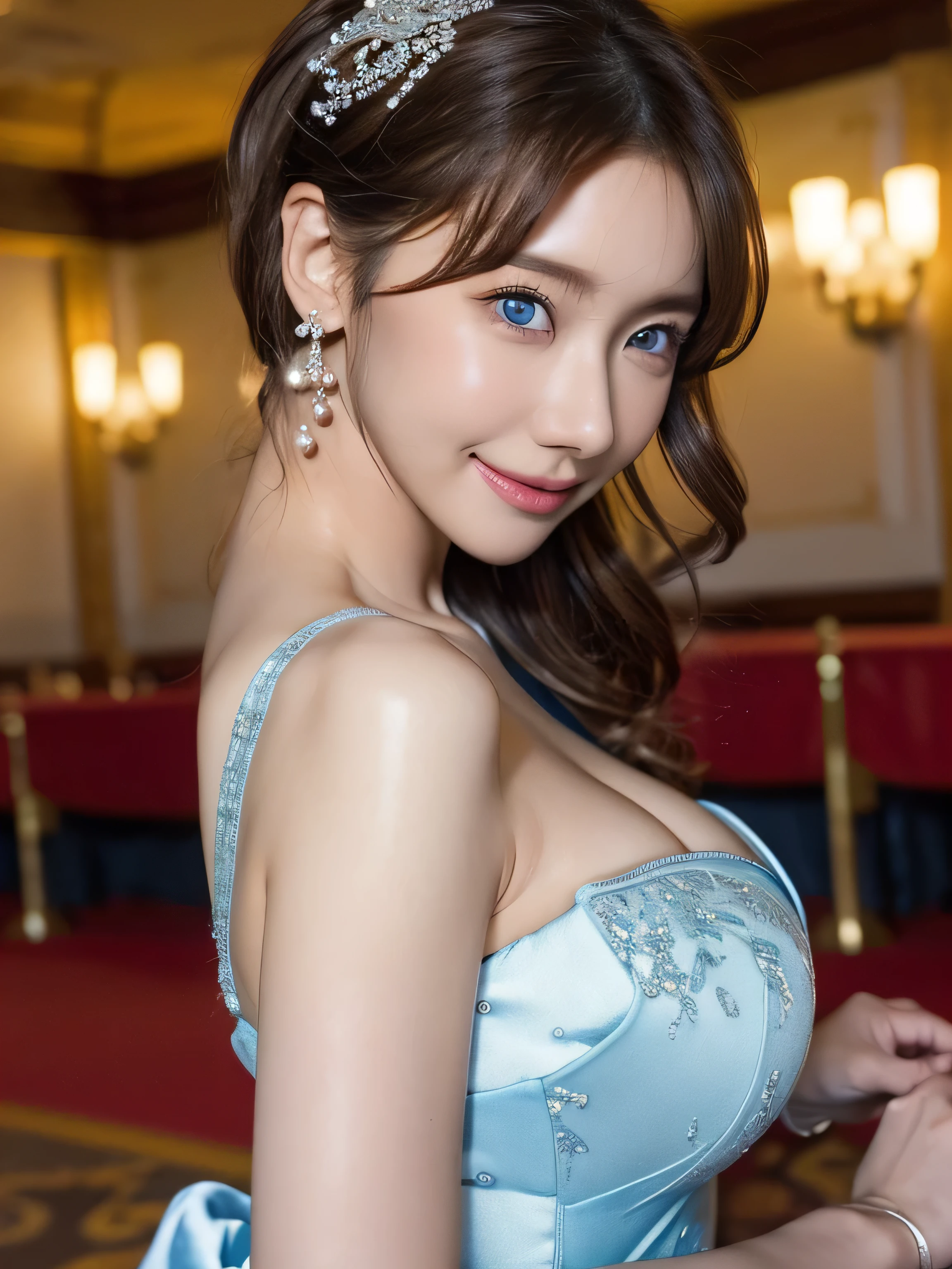 masterpiece, 1 Mature Woman per photo, Front view, Cute Japanese aristocratic woman, (輝くBrown Hair, Straight Long Hair), ((Dark blue business suit, Office Ladyファッション, Office Lady)), Very cute face, Glossy Lips, Double eyelids on both eyes, Natural Makeup, Brown Hair, Asymmetrical bangs, High resolution, Attention to detail, Detailed hairstyle, Detailed face, Octane Rendering, Ultra-realistic, Perfect limbs, ((Black choker)), blue eyes, ((Big Breasts, Slim body:1.5)), Cool Beauty, ((Slim face)), smile, Mature Woman, Browsing Caution:-1.2, Long, Bushy Eyelashes, Cleavage, Satin dress, ((Palace of Versailles, French cuisine)), meal, Standing party
