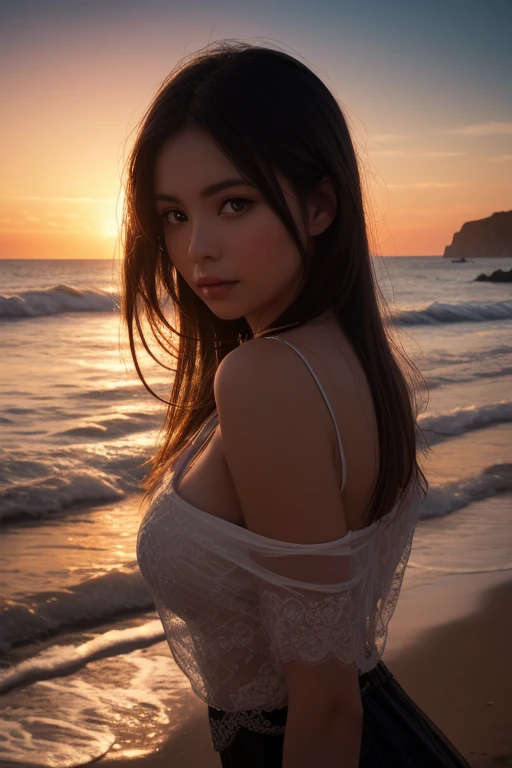 (best quality,4k,8k,highres,masterpiece:1.2), ultra-detailed, realistic, photorealistic:1.37, beautiful detailed eyes, beautiful detailed lips, joyful expression, lips apart, extremely detailed face, long eyelashes, intimate view, slender, soft lighting, vibrant colors, sensual atmosphere, intimate moment, timid expression, perky, ponytail hairstyle, black hair, blue eyes, flawless skin texture, gentle breeze, slight smile, oversized t-shirt, on a beach, sunset