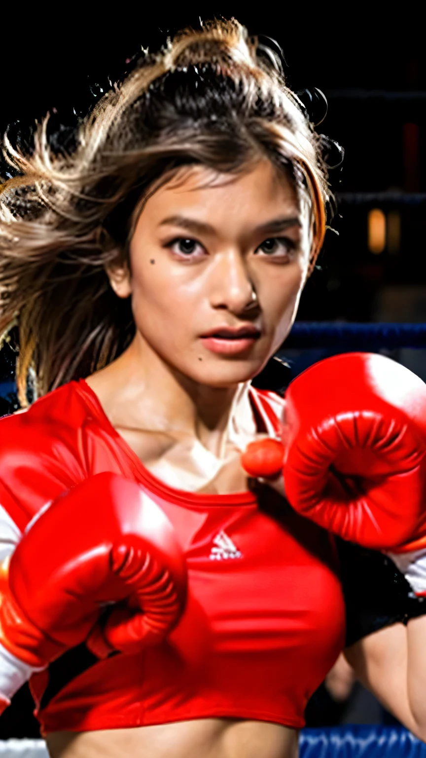 jennifer lopez, beautiful, happy smile, boxing in earing blue gym clothes boxing gloves big