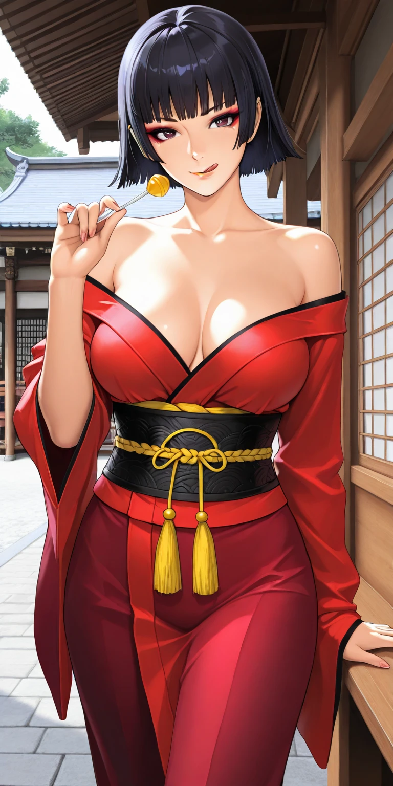8k, 1girl,koyori_togashi, 1girl, solo, long_hair, breasts, skirt, large_breasts, cleavage, japanese_clothes, goggles, hakama, hakama_skirt, goggles_on_head, ofuda, miko, tabi, red_hakama,japanese shrine,(masterpiece:1.4),(best quality:1.4),(shiny skin), <lora:koyori:0.7>