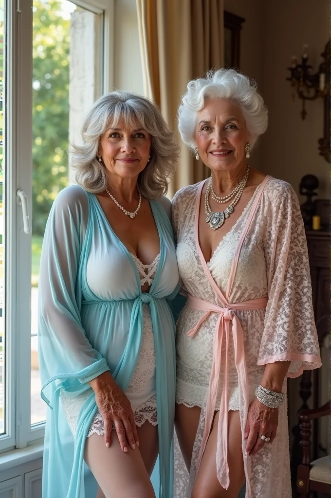 Sexy 75 years old busty woman having sex with to 20 years young handsome man , sexual intimacy, chiffon nightgown , bedroom , full body