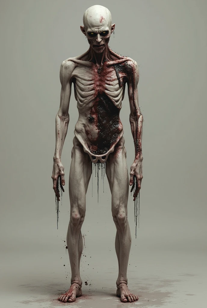 A half-human monster with an arm missing and an open fracture in his leg