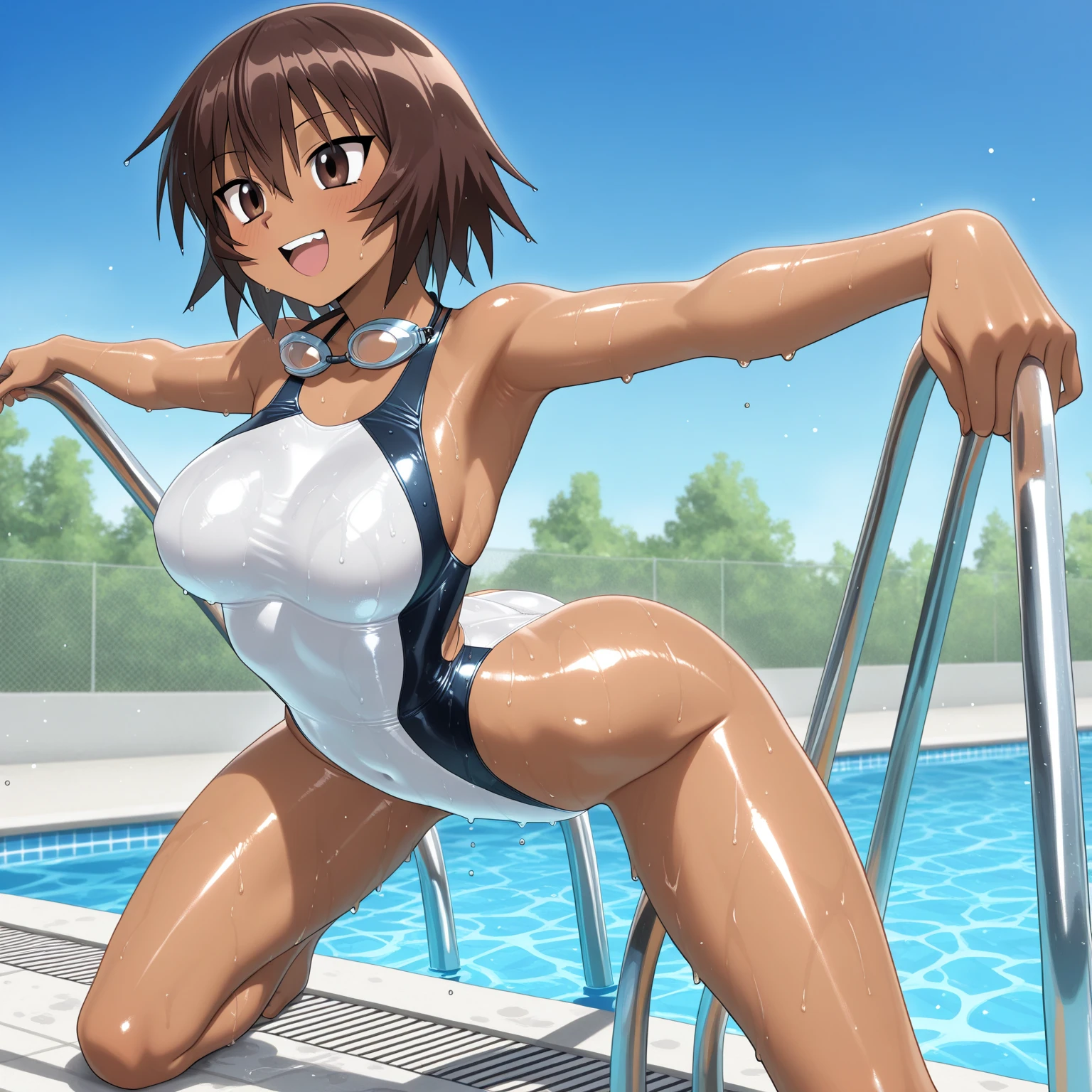 ((Outdoor Poolside at School)), (ハイレグ), (((Arms behind head))), ((Show off your armpits))、(camel toe:1.4)、(((long gloves:1.3)))、black thighhigh boots、((Stiletto heels))、black calf length socks、Open your thighs wide to the left and right、squat on the ground、show off your crotch to the viewer, ((black latex old school swimwear:1.3、sit, spread your legs:1.3, arm behind head ))、12 years old、absurdists、bob hayne hair、flat lighting、elevation angle、sexy pose、highest quality、complex、surreal、perspective, very detailed, detailed background, shape、1 girl、alone、small breasts, Embarrassing, blush, (Sweat),
