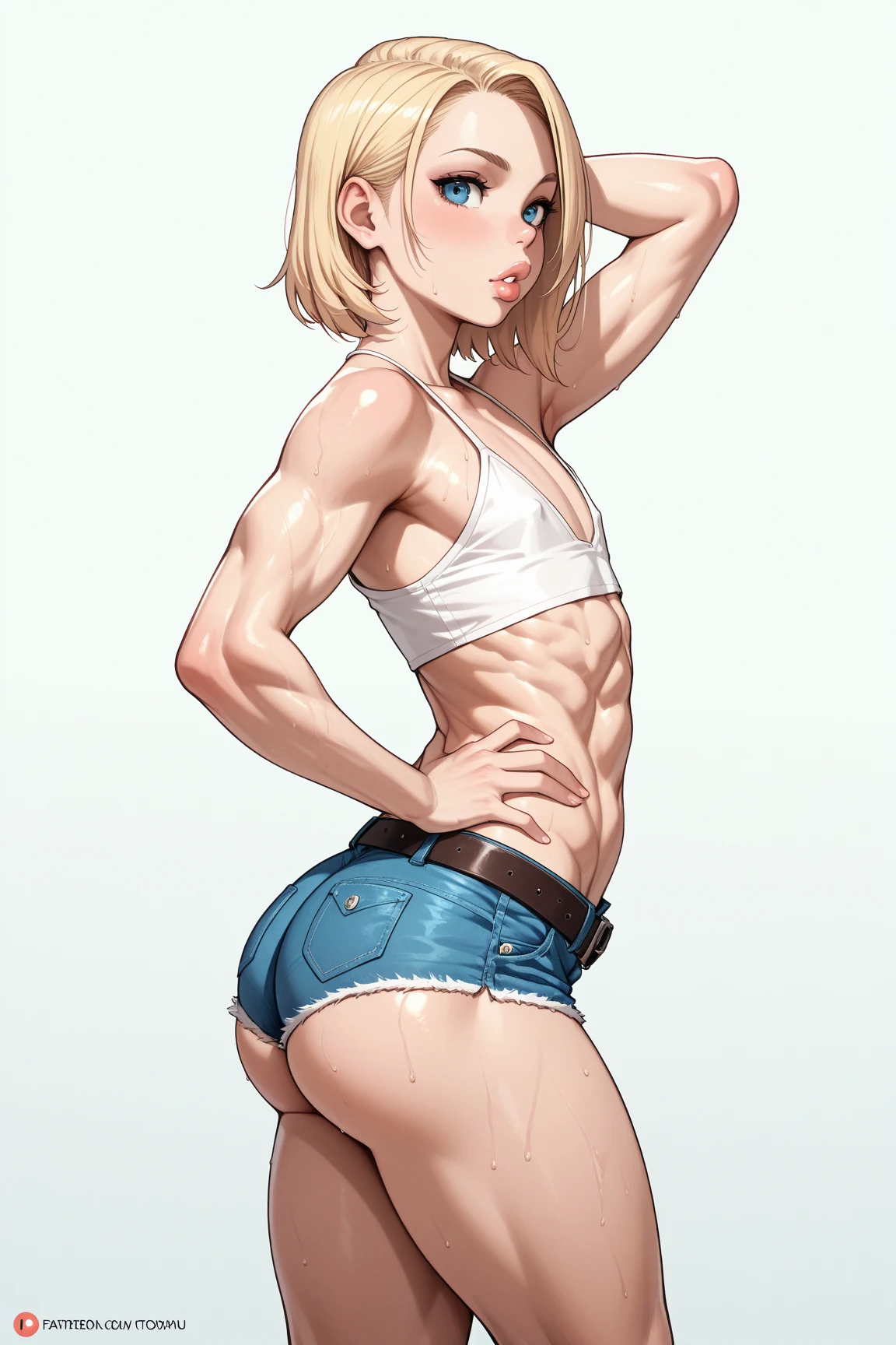 Beautiful cybernetic girl looking at camera with realistic masterpiece of detailed muscles in underwear,slenderbody,Nipple,Active Pose, actionpose, Loose Ruth |, Gold Parts, fringe, short-haired, back-view, shores