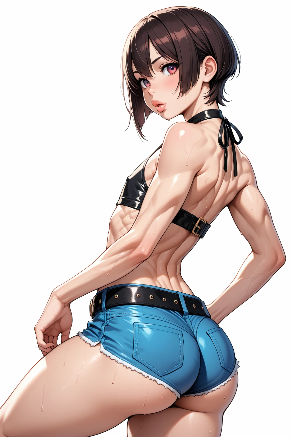 sensual, ((cabelo loiro longo e cacheado)), coxas grossas, 8K, 4k, mais alta qualidade, high resolution:1.2), cara fofa de anime, noise reduction, ((Olhos azuis brilhantes, Sorriso gentil, Toned abdominal muscles eyes, muscular arms, pernas musculosas, rosto jovem, olhos de anime, (((Seios Grandes、breasts that are about to burst)))、(((Bondage style)))、(((Rear view、virando、emphasize the buttocks、T-back que cava na sua bunda)))、(((tanga branca)))