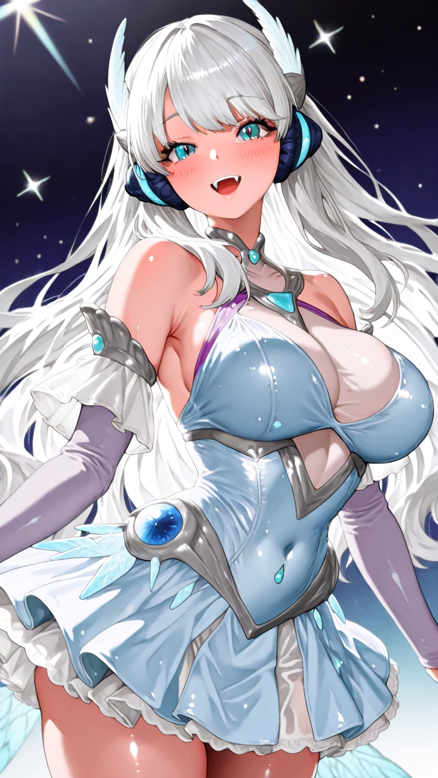 Masterpiece, high quality, bedroom, 1 girl, sexy, blue long hair, 6 eyes, 6 arms, tall, curvy, large breasts, smiling, pale skin, etherial race, human skin, moon, milf