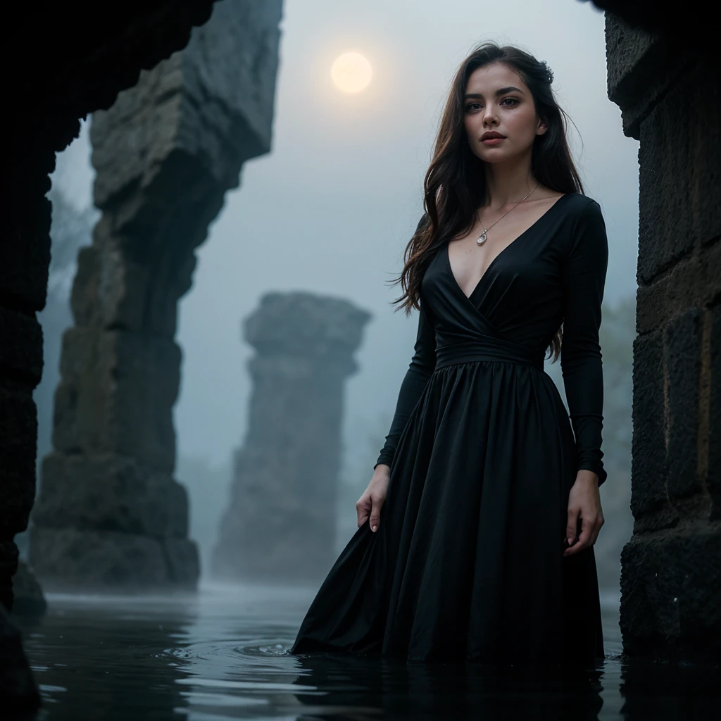 A female , Hourglass Body, in a snowy Climate, long And Tangled hair, red eyes, Wears Silky Black Gown, Barefoot, standing, outstretched arms, Sadistic Smile, Primal Setting, Jungle ruins Back ground, HD, Ultra Scenery, Vivid lighting.