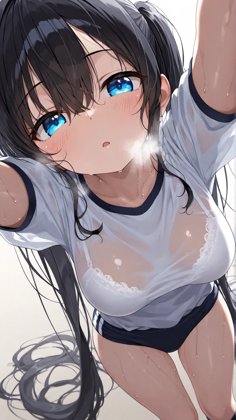 Realistic, outdoor, park, wide angle, raining, NSFW, soaking wet, 1girl, long hair, shy, embarrassed, blushed, lens view, POV, from above, wide angle, squatting, casual clothes, t-shirt, skirt, navel, full body, light rays, glow, (masterpiece), wallpaper