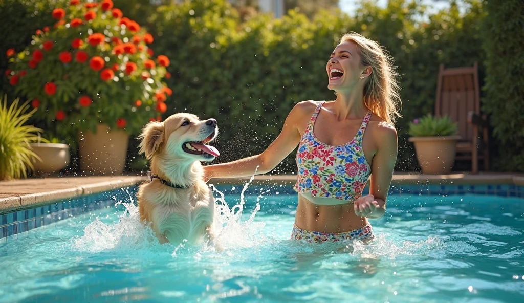 Brea Larson (age 25, colorful bikini) playing with a big happy dog, licking face, backyard fun, scene of happiness
