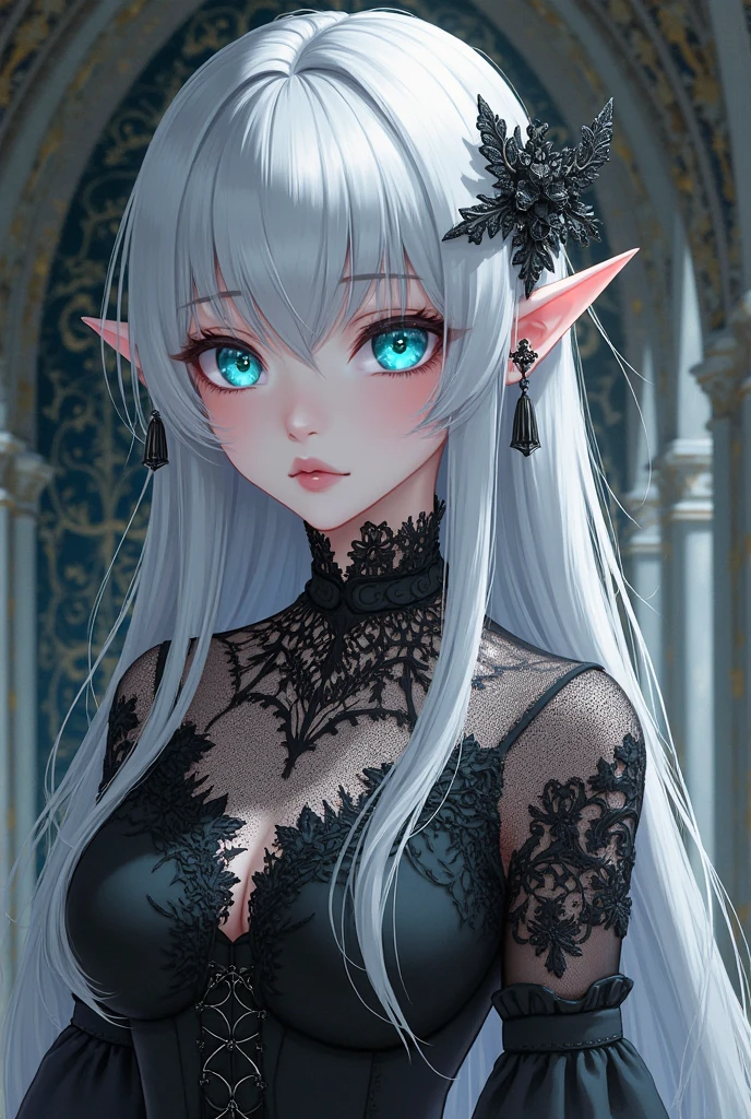 White elf girl, very long flowing hair, white eye color, small eyes, realistic human eye shape, round eye shape, eyeliner, realistic face shape. black lace low cut dress, portrait, wearing a black hood, black background, chest showing, NSFW, Depth of Field. looking at camera, dreamy look detailed eyes, detailed face, detailed skin, Ultra Detailed, Beautiful and Aesthetic, Masterpiece, Best Quality, shoulders showing. lace fabric, round chin shape. wearing black hood over hair. showing full upper body and face.