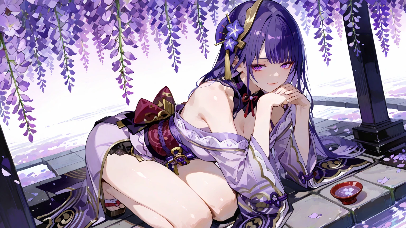 <lora:raidenshogun1-000009:1>,raidenshogundef,masterpiece,best quality,ultra high res,(photorealistic:1.4),extremely detailed CG unity 8k wallpaper,symmetry,1girl,solo,flying hair,(purple hair:1),((purple thunder)),blunt bangs,braid,wide sleeves,hair ornament,red obi,purple necklace,dojo,,(purple lightning),Flying purple petals,Purple light shines in eyes,kneeling,