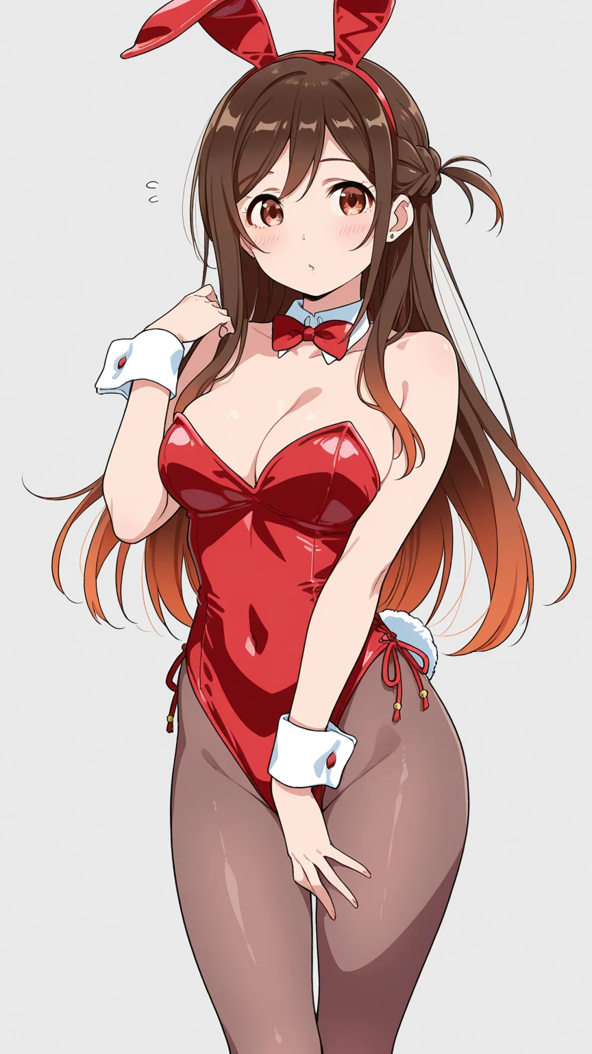 1girl, solo, mikuru1, asahina mikuru, long hair, solo, playboy bunny, animal ears, solo, rabbit ears, pantyhose, wrist cuffs, bowtie, detached collar, cleavage, red leotard, large breasts, blush, <lora:asahina_mikuru_v1:0.8>