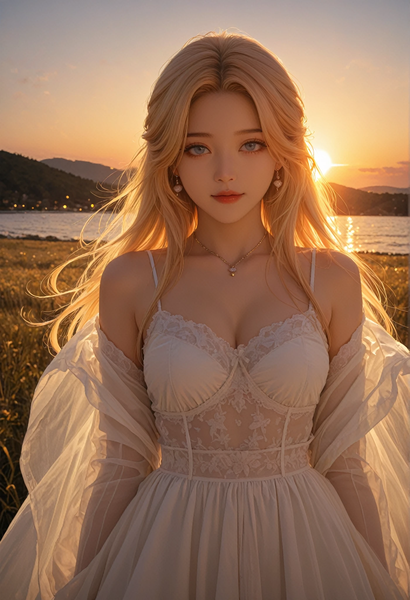 "((Innocent)) girl, golden hour, dreamy meadow, ethereal, whimsical, flowing dress, soft sunlight, enchanting, butterfly wings, (pastel clouds), liquid reflections