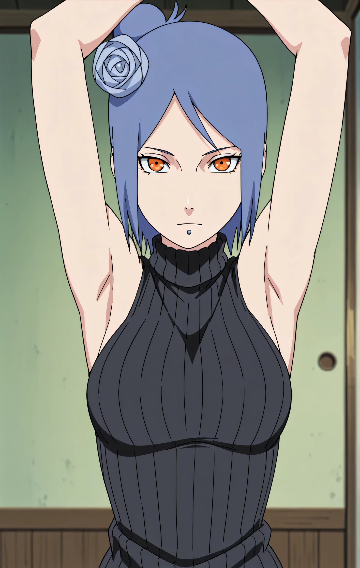masterpiece, best quality, amazing quality, anime screencap, anime coloring, 1girl, solo, konan, blue hair, single hair bun, orange eyes, hair flower, lip piercing, medium breasts, black sweater, sleeveless sweater, ribbed sweater, turtleneck, sleeveless, bare shoulders, bare arms, arms up, raised arms, armpits, armpits focus, head towards viewer, looking at viewer, direct eye contact, expressionless, closed mouth, indoors