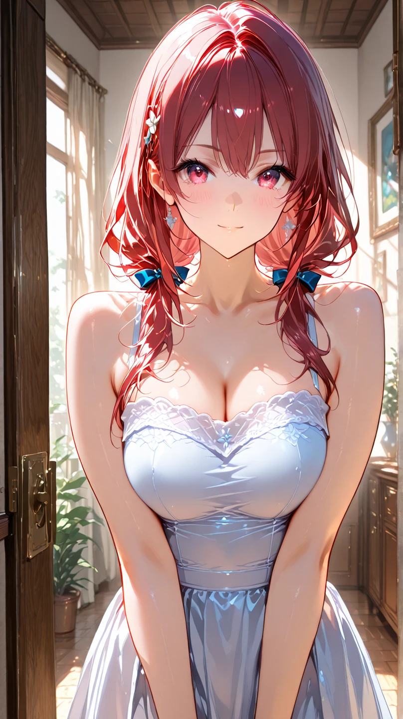 8K、quality、On a table、super high image quality、ultra - detailed、super beautiful、Ultra-realistic hair textures、anime illustration、Surreal sensibility、Whole body ESBIAN、mesmerizing looks、shave 、Off-the-shoulder blue yukata、Beutiful women、Long red hair、pony tails、eBlue eyes、Glowing and radiant skin、Very huge、Red lace breasts are super big、Glowing and radiant skin 、Clean skin、Japanese style room with daytime background,Big breasted 1.5,