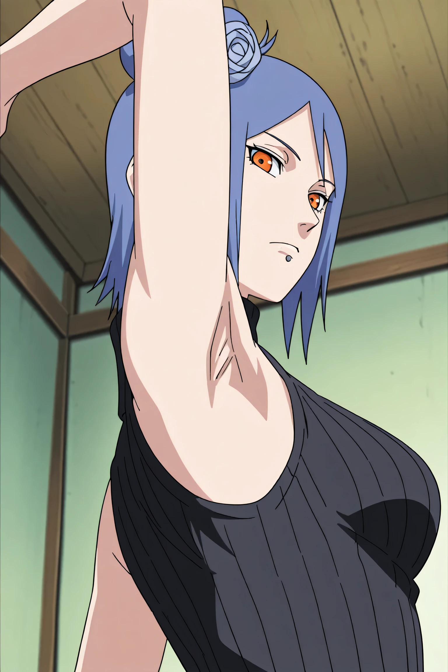 masterpiece, best quality, amazing quality, anime screencap, anime coloring, 1girl, solo, konan, skinny, blue hair, single hair bun, orange eyes, hair flower, lip piercing, medium breasts, black sweater, sleeveless sweater, ribbed sweater, turtleneck, sleeveless, bare shoulders, bare arms, arm up, raised arm, armpit, armpit focus, head towards viewer, looking at viewer, direct eye contact, expressionless, closed mouth, indoors, from side, from below, (from behind:1.2),