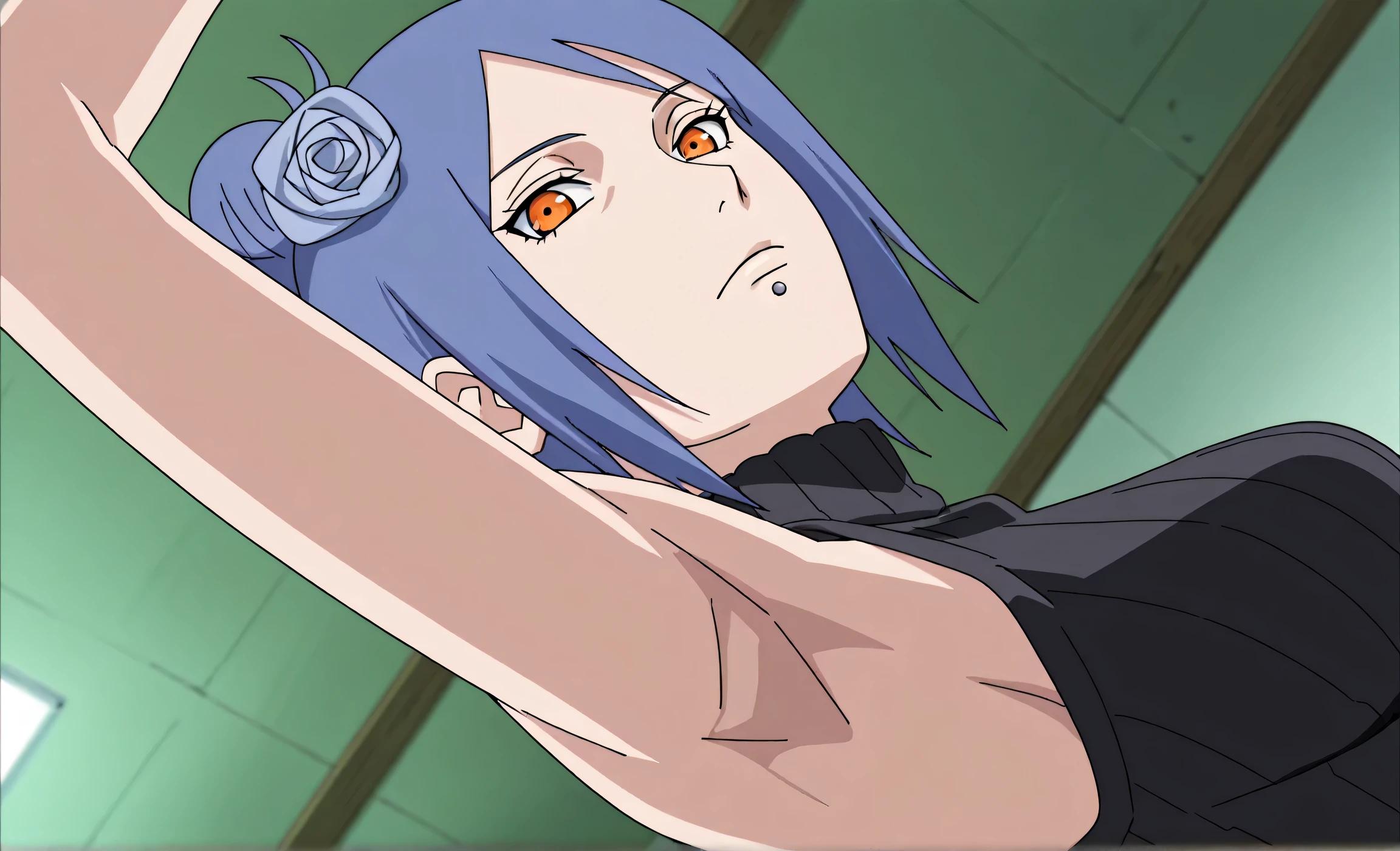masterpiece, best quality, amazing quality, anime screencap, anime coloring, 1girl, solo, konan, skinny, blue hair, single hair bun, orange eyes, hair flower, lip piercing, medium breasts, black sweater, sleeveless sweater, ribbed sweater, turtleneck, sleeveless, bare shoulders, bare arms, arm up, raised arm, armpit, armpit focus, head towards viewer, looking at viewer, direct eye contact, expressionless, closed mouth, indoors, from side, from below,