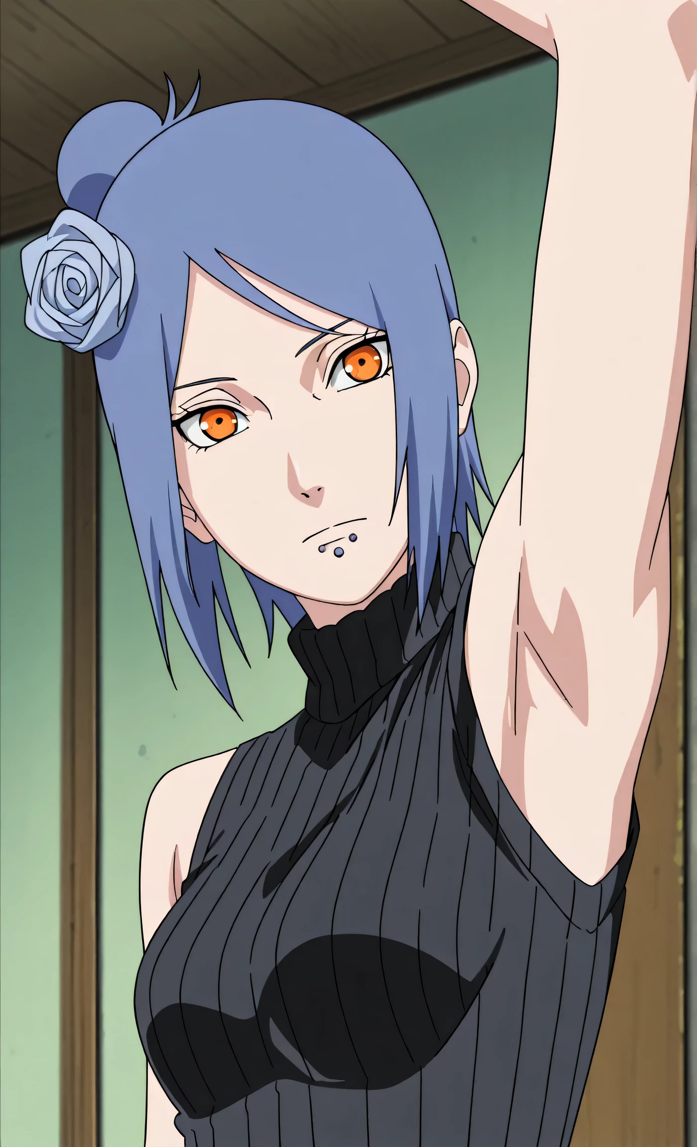 masterpiece, best quality, amazing quality, anime screencap, anime coloring, 1girl, solo, konan, skinny, blue hair, single hair bun, orange eyes, hair flower, lip piercing, medium breasts, black sweater, sleeveless sweater, ribbed sweater, turtleneck, sleeveless, bare shoulders, bare arms, arm up, raised arm, armpit, armpit focus, head towards viewer, looking at viewer, direct eye contact, expressionless, closed mouth, indoors,