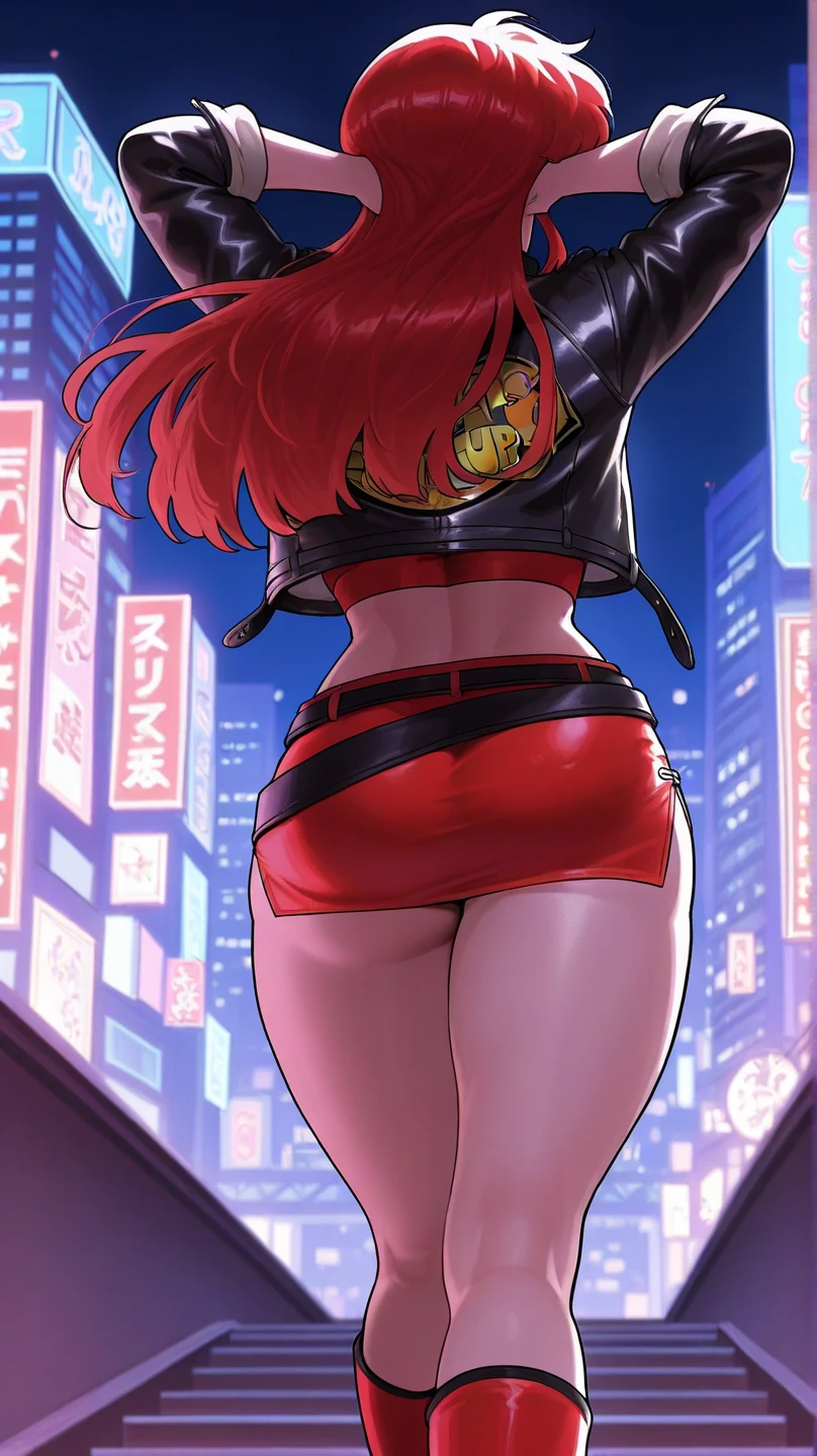 (masutepiece),(Best Quality), Katsuragi Misato, 、Colossal tits、Big breasts、((Smaller head)）、a red jacket、1 female、Urban streets、Black leather underwear、With your back turned、Turned、BIG ASS，Huge breasts，Textured skin、extremely detailed eye and face、beatiful detailed eyes、double eyelid、huge filesize、(Increase the beauty of skin texture:1.1)、hight resolution、highlydetailed skin、top-quality、8k wallpaper、Movie Lighting、large boob,Seductive underwear、I can see the chest