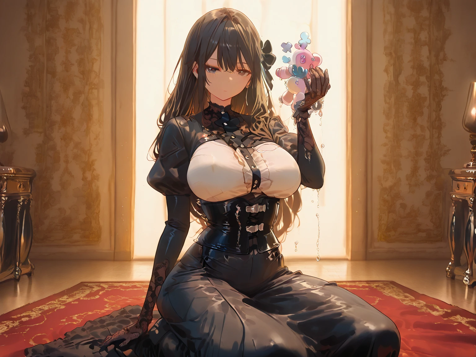 Very detailed顔, Perfect lighting, Extremely detailed CG, (Perfect hands, Perfect Anatomy),Very detailed, sunset Orange Room, Cream-colored tissue paper scattered dirty, A yellowed futon laid out on a tatami mat A lot of cream-colored tissue paper is scattered on the tatami mat., Garbage is scattered everywhere, Very dirty room, Very dirty tatami sheets with yellowed stains here and there, A pile of crumpled, dirty cream-colored tissues lying on the ground, Excessive sweat on the face, cold sweat, Sweat dripping from the forehead, Tears dripping from the edges of the mouth, Sleeping in a dirty bed, A room full of messy garbage, Looking into the camera Embarrassed expression Big breasts that will tear your clothes Very large breasts Extremely distended breasts Huge breast swelling A cute long-sleeved sailor suit with lots of frills sewn on Thin frilled belly-length skirt high school student Illustration Style Anime Style Narrow-mouthed Small lips beautiful girl Very gorgeous and cute outfit Cheeks pink Long blonde hair super curly hair Super long sideburns Rubber clothing Cute Hairbands Very long hot pink silk skirt Wet and transparent pearl white pantyhose Ultra long white silk gloves that become transparent when wet Detailed embroidery Big eyes Droopy eyes Shocking Pink Rouge Sweating profusely Crushed tissue paper Extra long white leather boots Tight blue bloomers Hair is wet from rain Steam coming out of the whole body Steam like a sauna room fills the screen.. White breath from the mouth ゴミ箱からCrushed tissue paperが溢れている